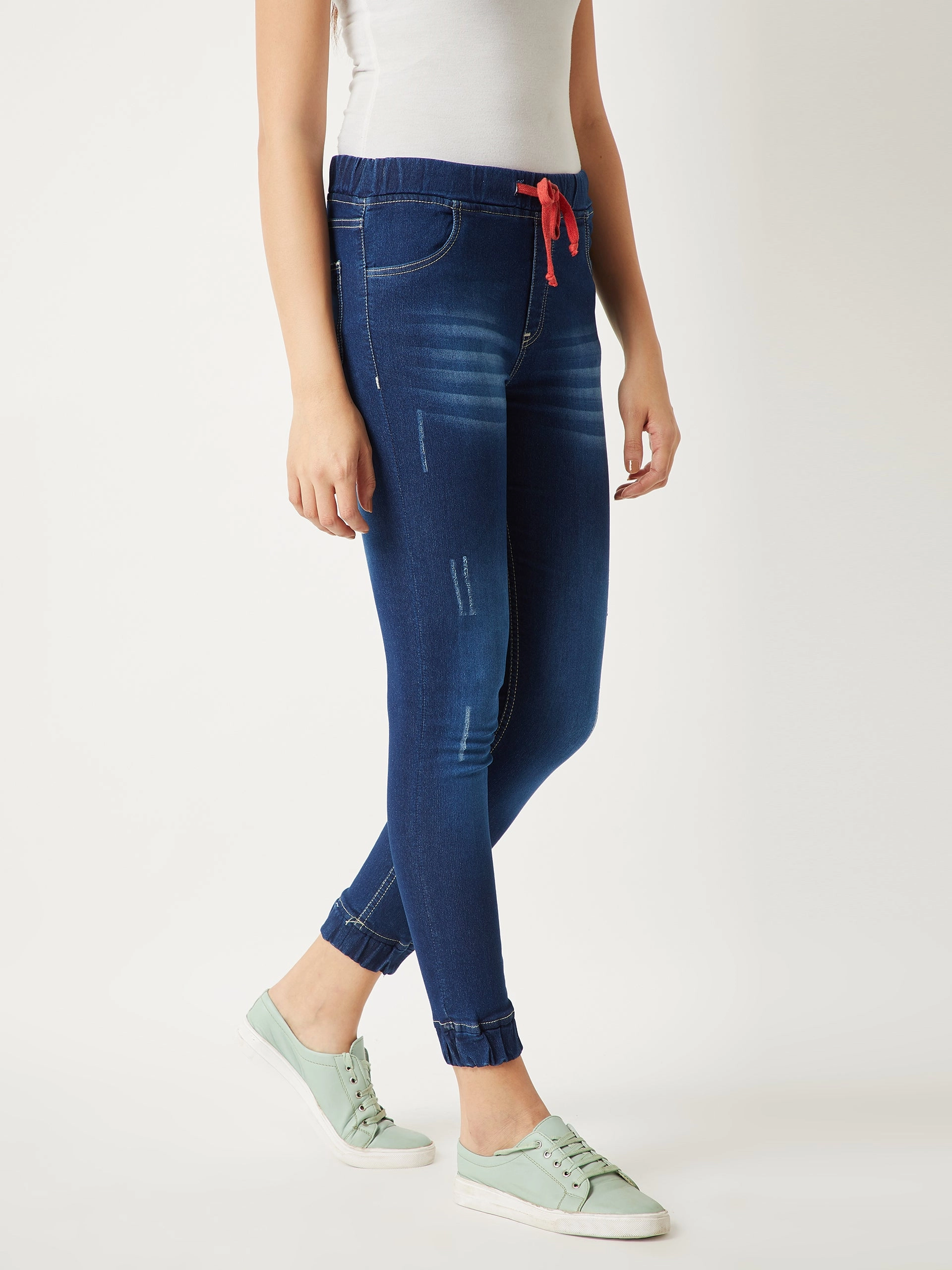 Women's Navy Blue Relaxed Fit Mid Rise Regular Length Scraping Detailing Stretchable Denim Joggers Roll-up style UV protection coating