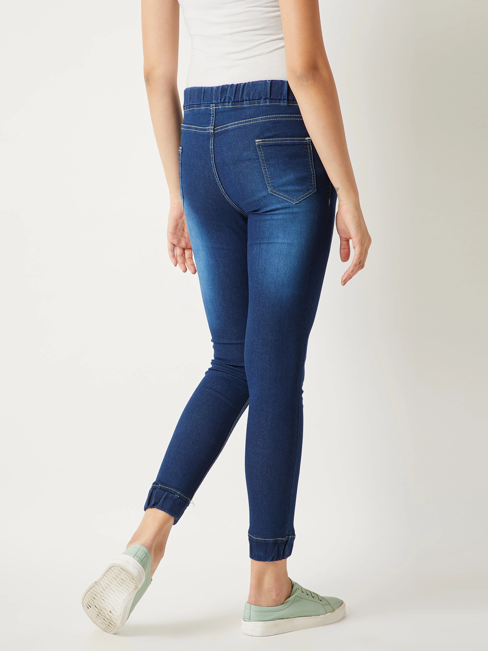 Women's Navy Blue Relaxed Fit Mid Rise Regular Length Scraping Detailing Stretchable Denim Joggers Casual Chic SmoothZipper