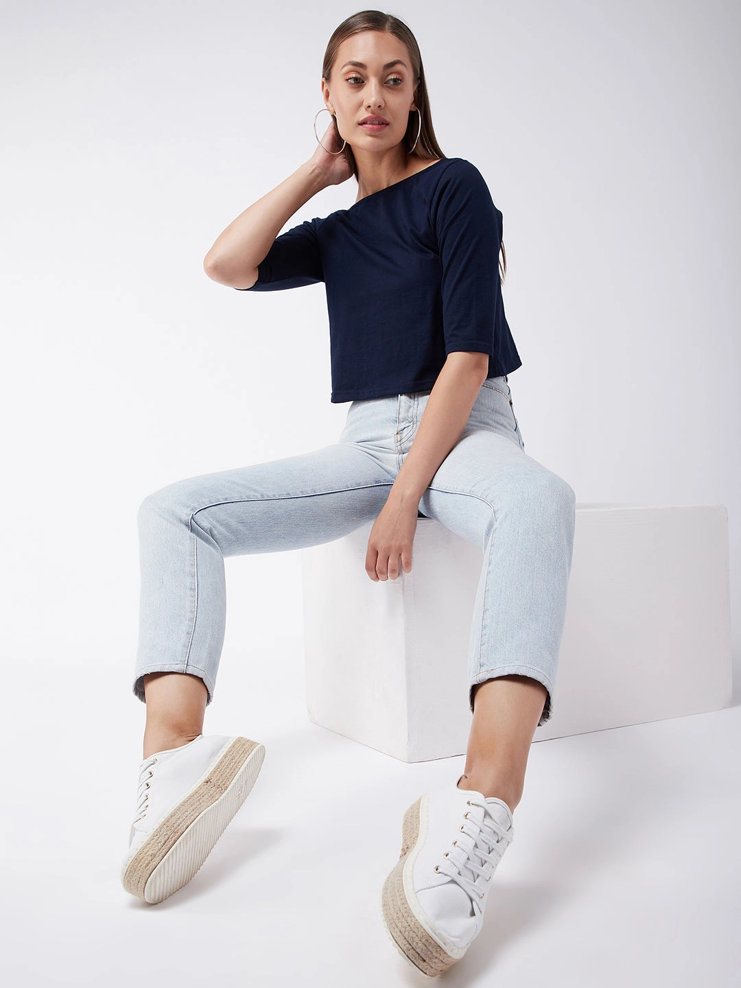 Classic Hoodie Wrinkle Resistant Texture Women's Navy Blue Round Neck 3/4 Sleeves Button Up Top