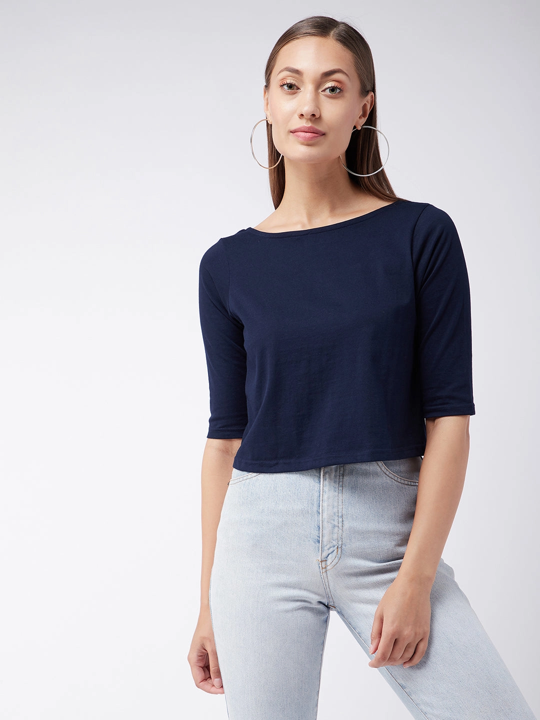 Comfortable Wear Silicone Print Detail Women's Navy Blue Round Neck 3/4 Sleeves Button Up Top