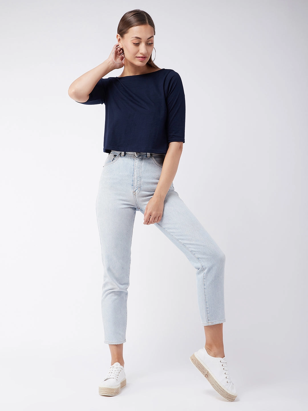 Women's Navy Blue Round Neck 3/4 Sleeves Button Up Top UV Protective Coating