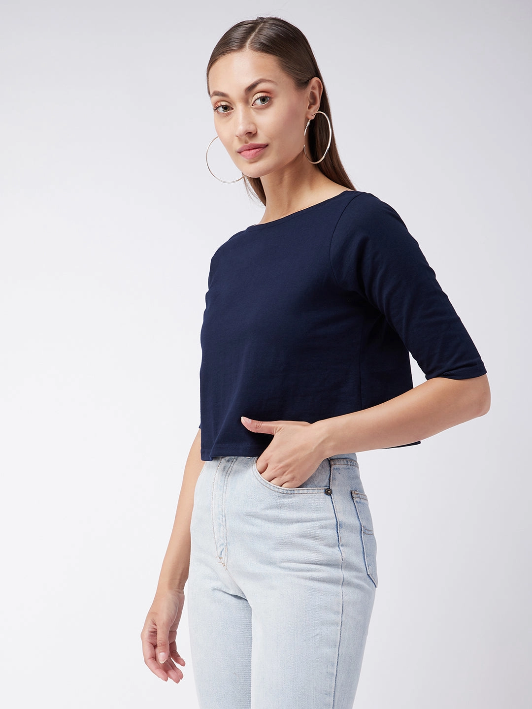 Women's Navy Blue Round Neck 3/4 Sleeves Button Up Top Thermal Insulation