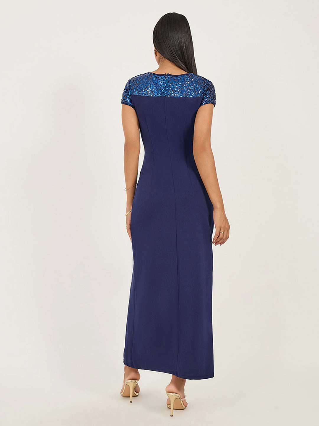 Bodycon Fit Women's Navy Blue Round Neck Cap Sleeves Sequin Panelled Solid Bodycon Maxi Dress