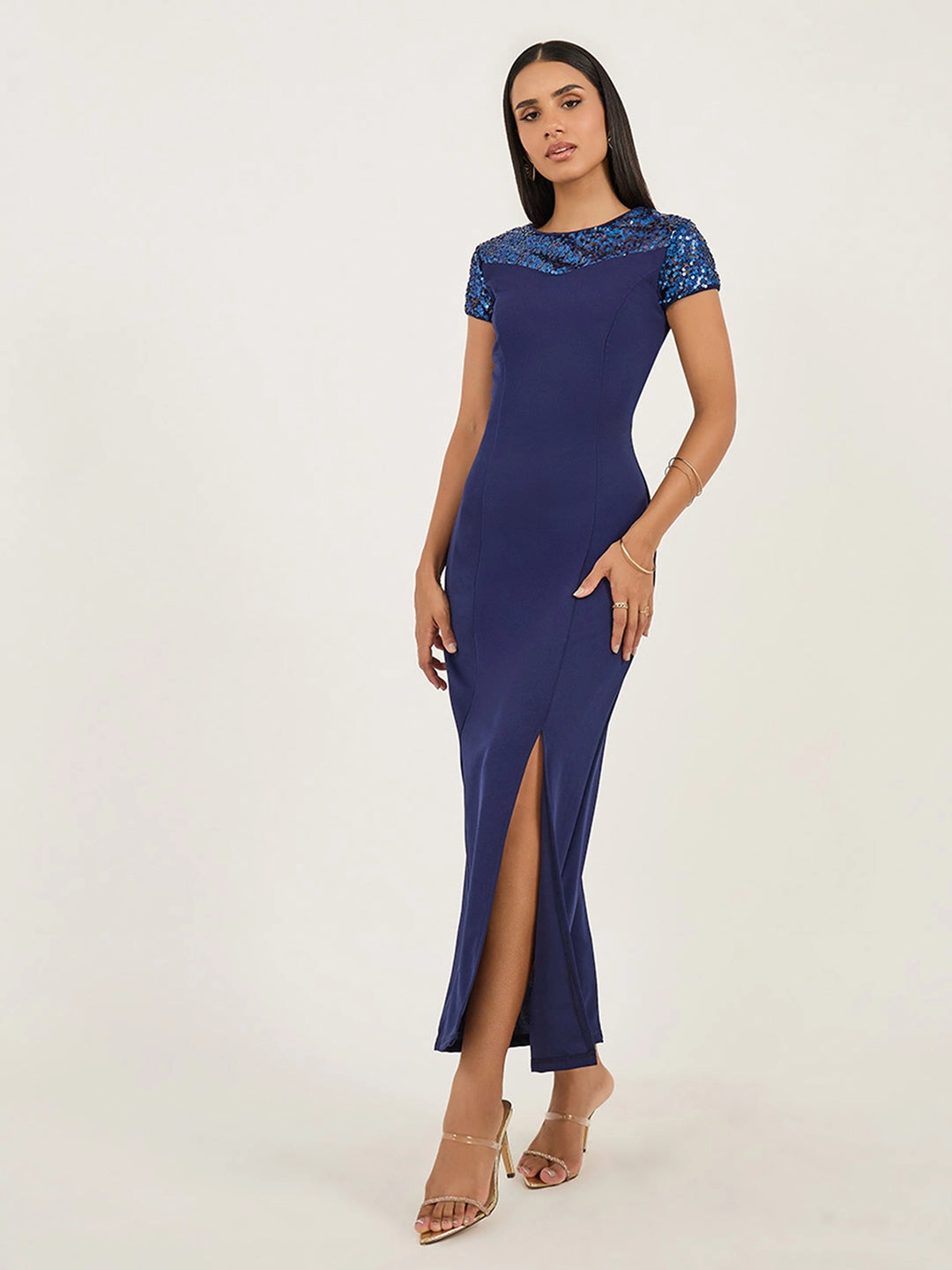 Bold Patterns Elegant Detail Women's Navy Blue Round Neck Cap Sleeves Sequin Panelled Solid Bodycon Maxi Dress