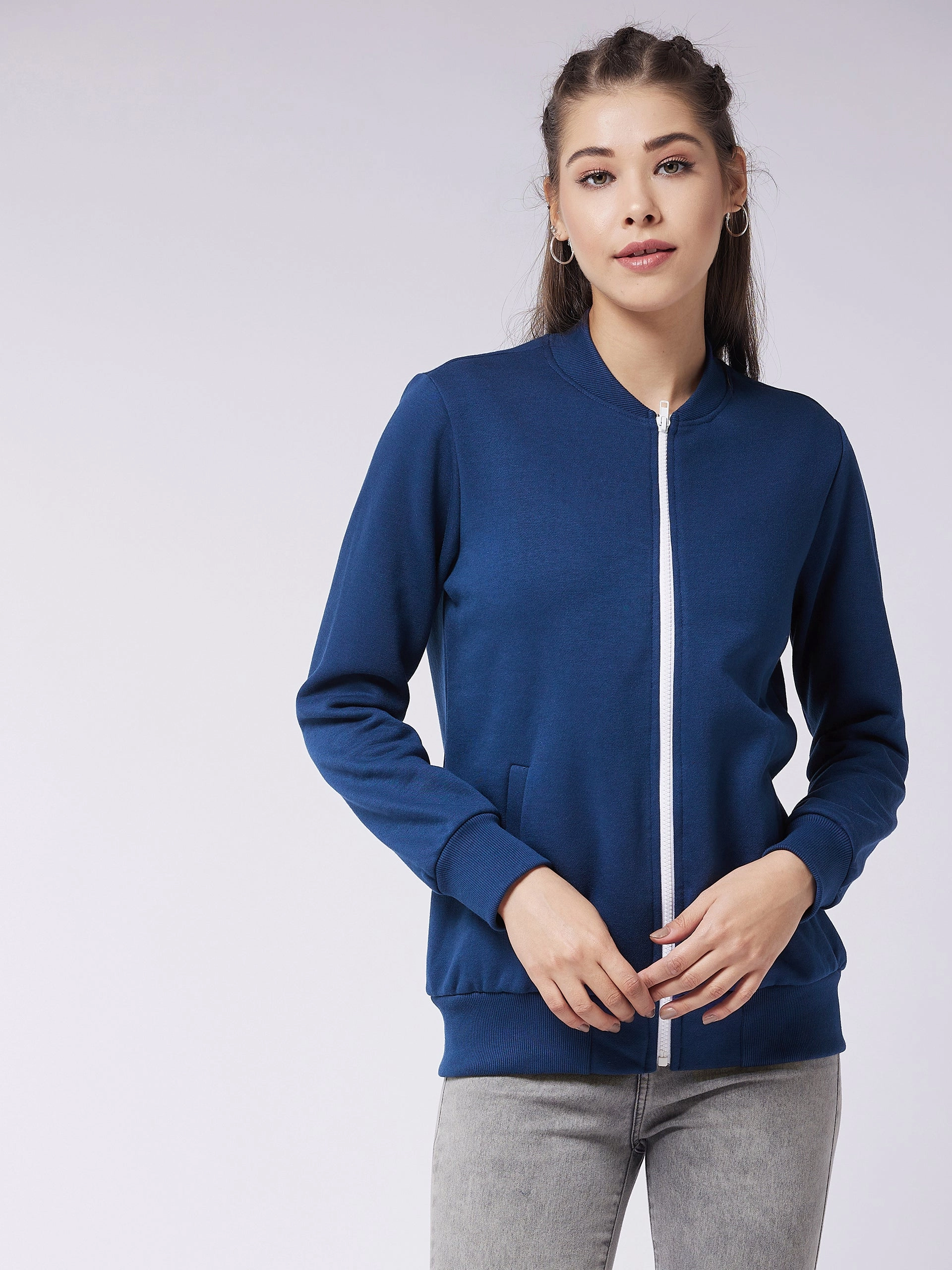 Reinforced Zippers Women's Navy-Blue Round Neck Full Sleeve Solid Bomber Regular Jacket