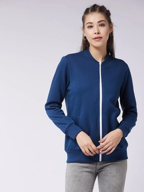 Reinforced Zippers Women's Navy-Blue Round Neck Full Sleeve Solid Bomber Regular Jacket