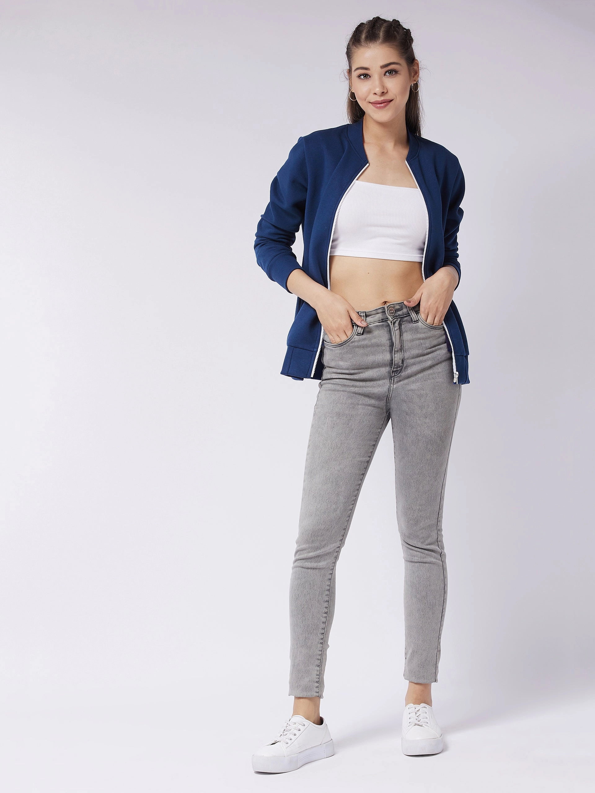 Women's Navy-Blue Round Neck Full Sleeve Solid Bomber Regular Jacket Articulated Knees