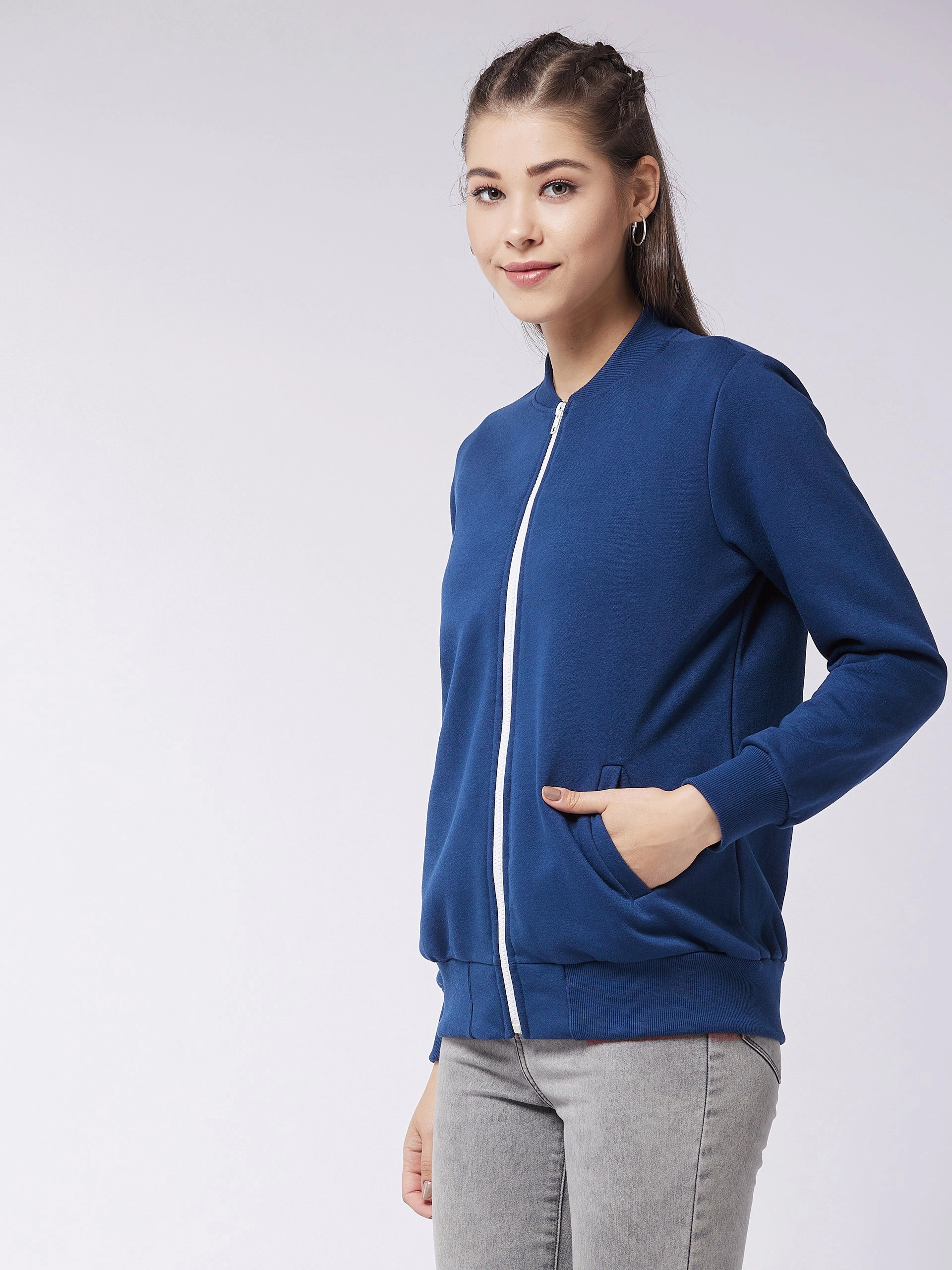 Women's Navy-Blue Round Neck Full Sleeve Solid Bomber Regular Jacket All Season Fit Subtle Color Tone