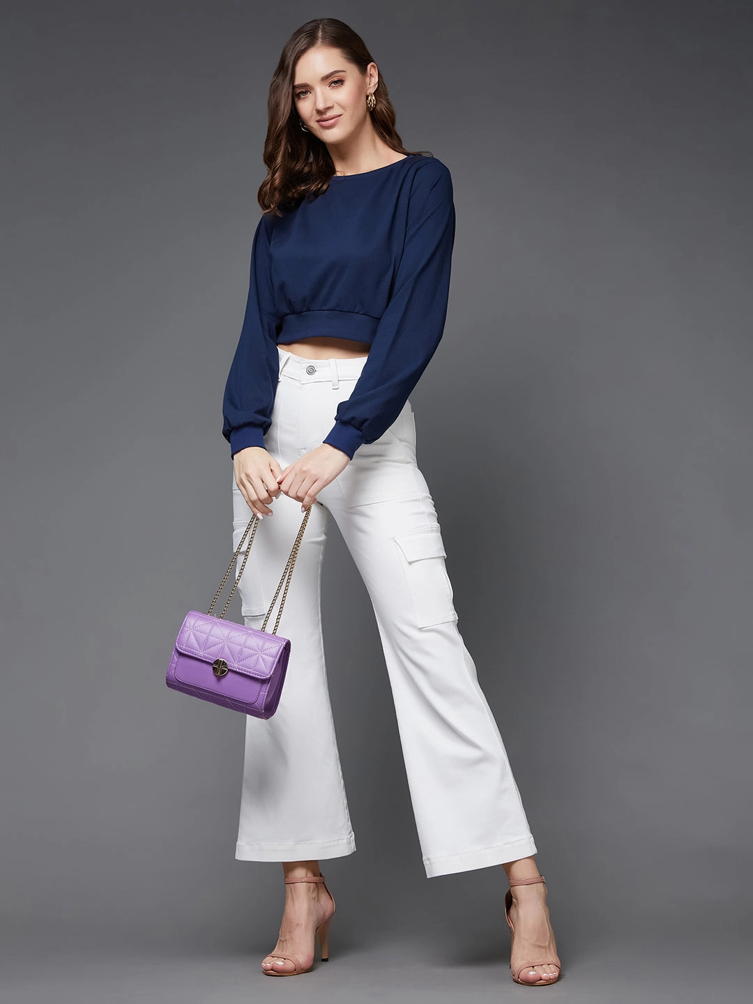 FourWay Stretch Flatlock Seams Women's Navy Blue Round Neck Full Sleeves Solid Crop Top