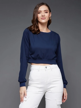 Women's Navy Blue Round Neck Full Sleeves Solid Crop Top Casual Pullover
