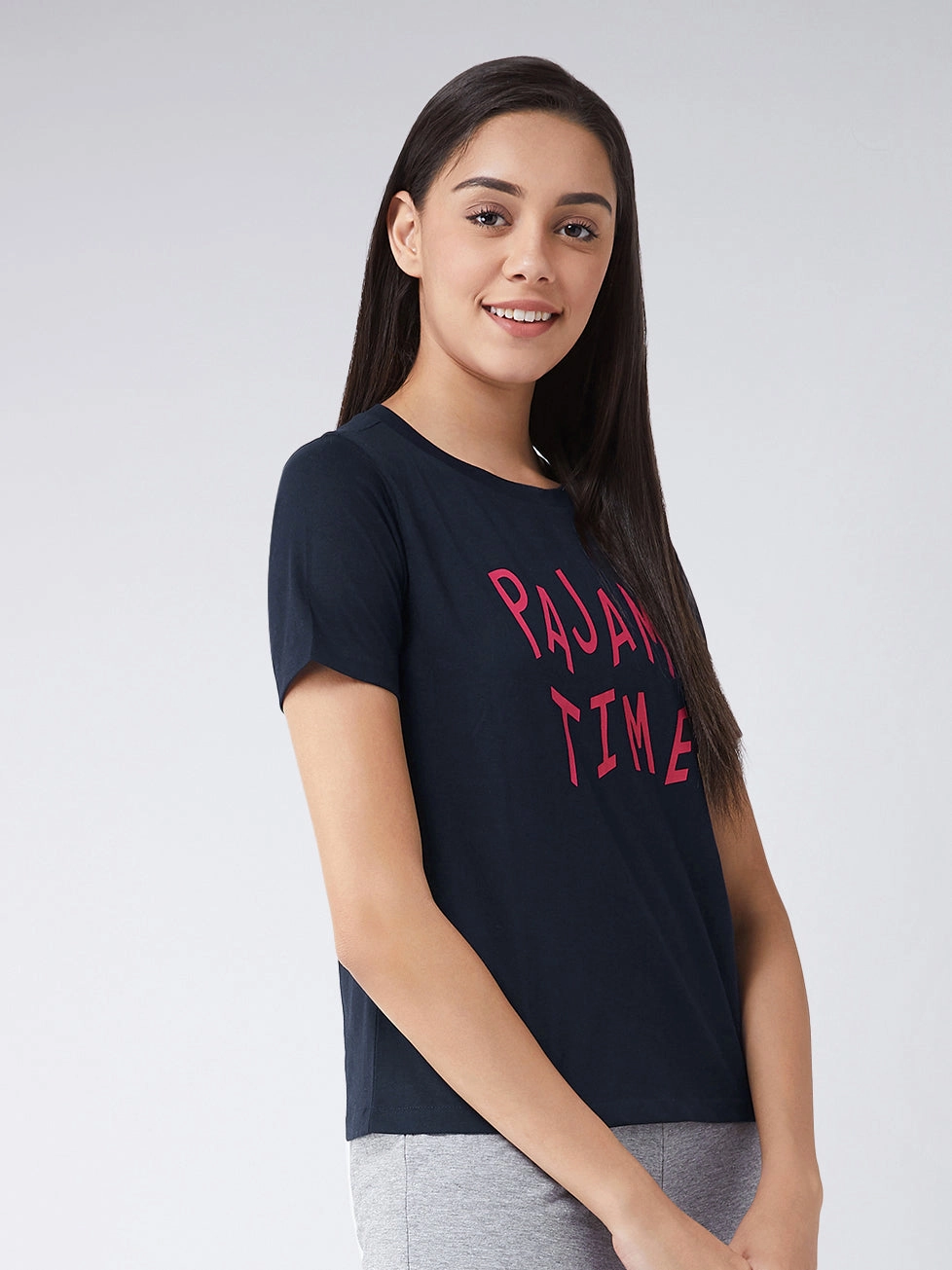 Women's Navy Blue Round Neck Short Sleeves Regular Length Printed T-shirt All Over Print Technique