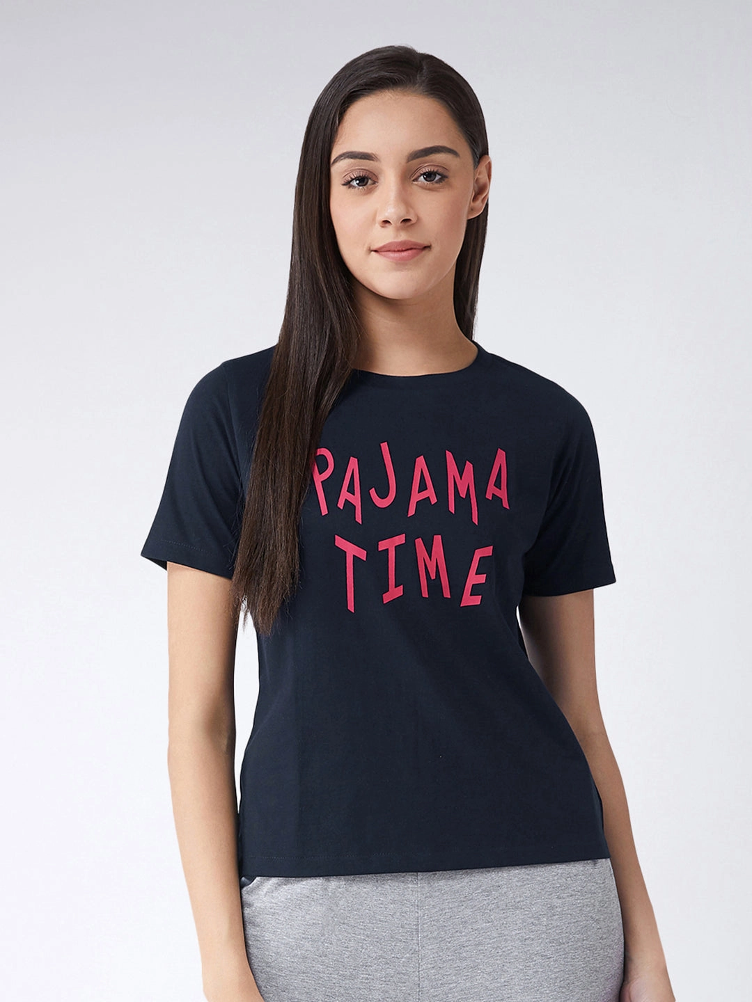 ElasticTrimming Women's Navy Blue Round Neck Short Sleeves Regular Length Printed T-shirt