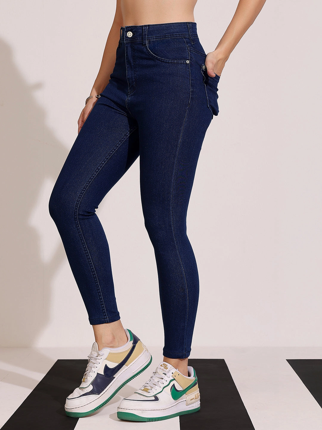 Stretch Classic Gym Ready Women's Navy Blue Skinny Fit High Rise Clean Look Cropped Length Stretchable Denim Jeans