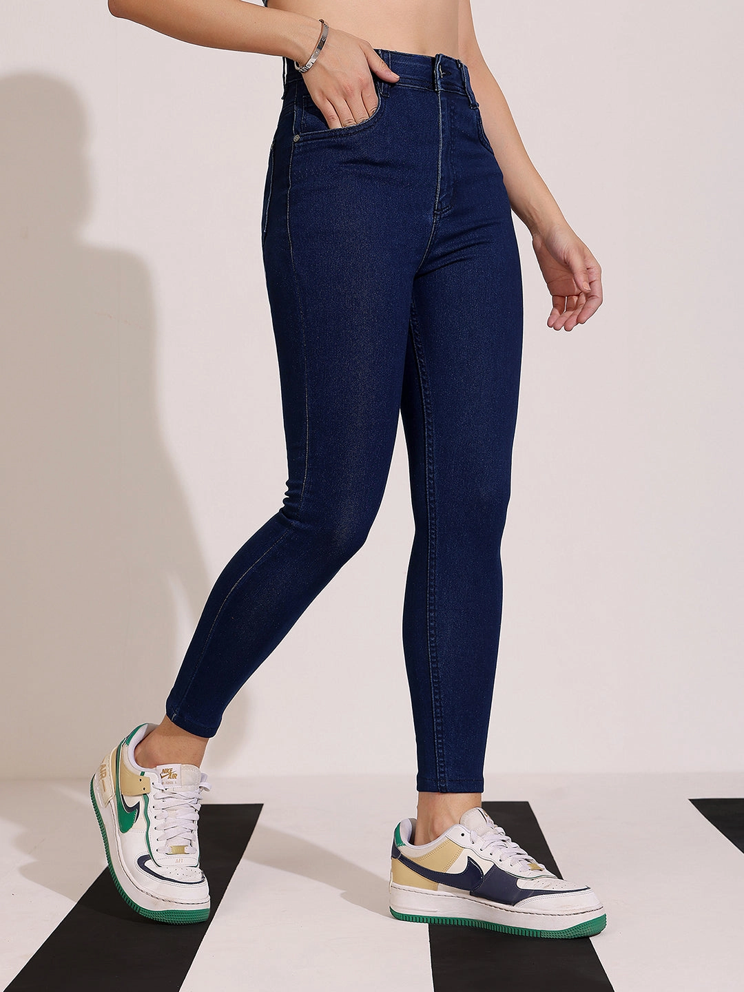 Women's Navy Blue Skinny Fit High Rise Clean Look Cropped Length Stretchable Denim Jeans Four Way Stretch Fabric Perfectly Fitted