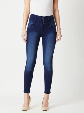 Traveler Gear Brunch Outfit Casual Friday Women's Navy-Blue Skinny-Fit High-Rise Clean-Look Cropped-Length Stretchable High-Rise Denim Jeans