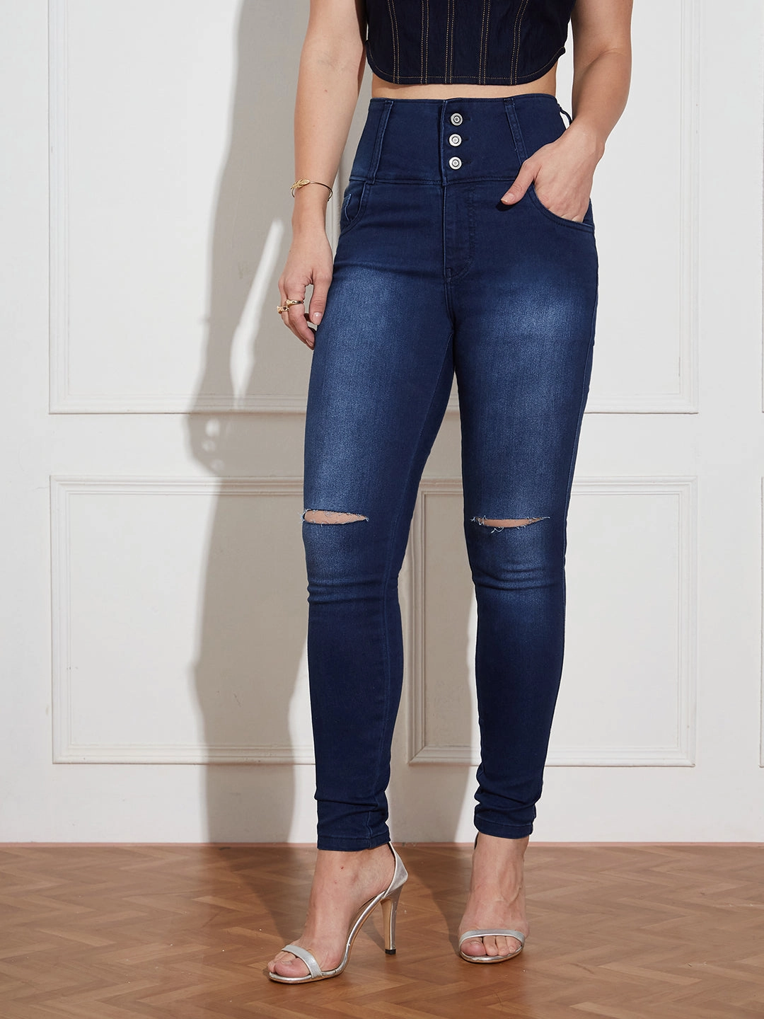 Women's Navy Blue Skinny Fit High Rise Clean Look Regular Length Double Knee Slit Stretchable High Waist Denim Jeans Daily Essentials