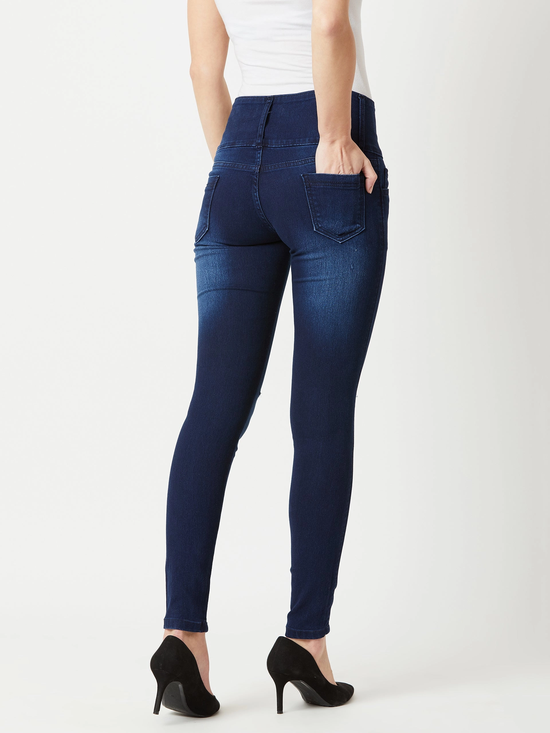 Base Attire Women's Navy-Blue Skinny-Fit High-Rise Double Knee-Slit Stretchable High-Rise Denim Jeans