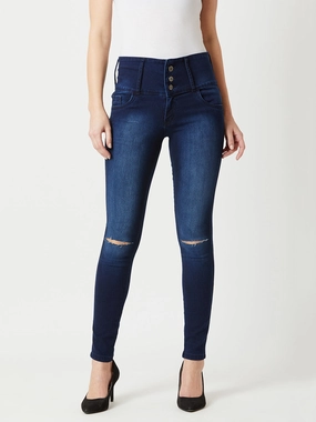 Office Wear Modern Women's Navy-Blue Skinny-Fit High-Rise Double Knee-Slit Stretchable High-Rise Denim Jeans