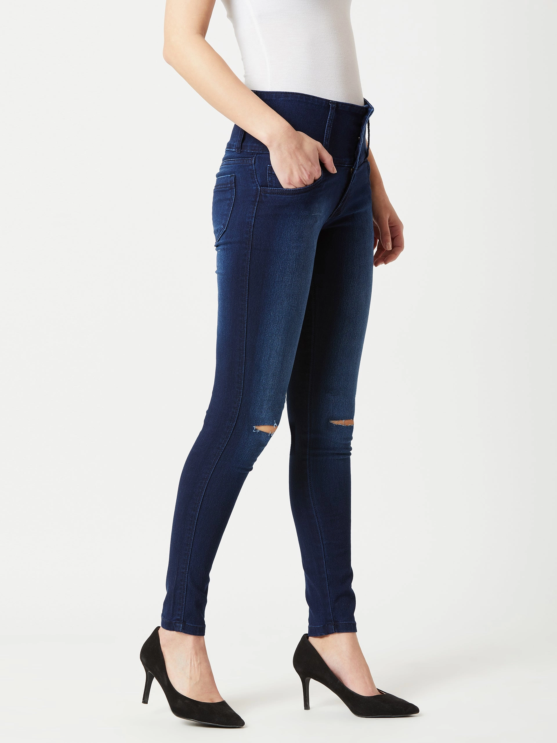 Tailored Cut Women's Navy-Blue Skinny-Fit High-Rise Double Knee-Slit Stretchable High-Rise Denim Jeans
