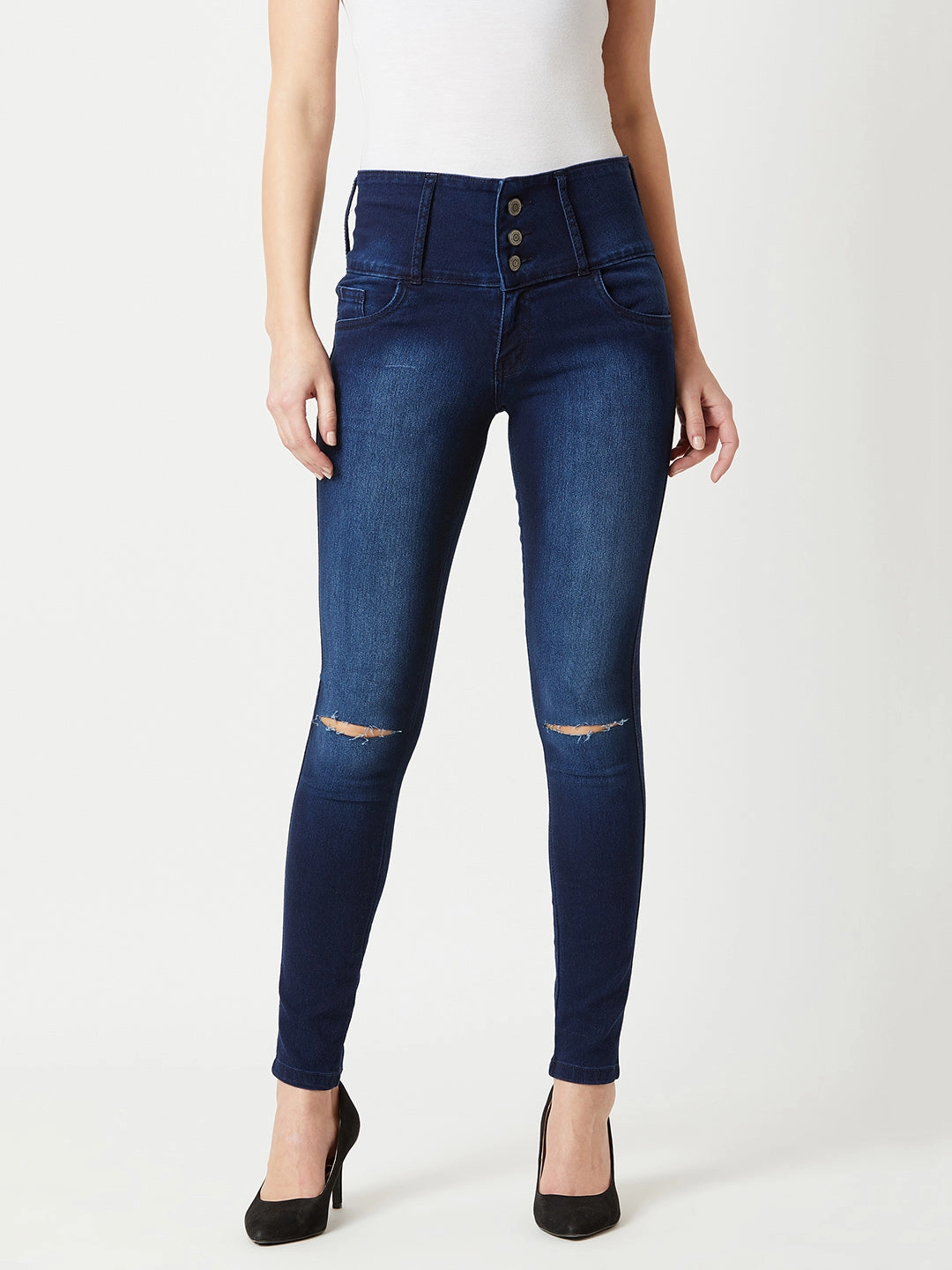 Office Wear Modern Women's Navy-Blue Skinny-Fit High-Rise Double Knee-Slit Stretchable High-Rise Denim Jeans