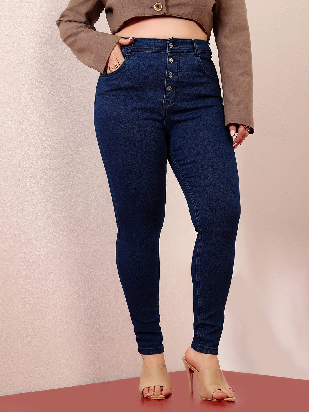 Women's Navy Blue Skinny-Fit High-Rise Regular-Length  Stretchable Denim Jeans Relaxed Waist Fit Shrink Resistant Denim