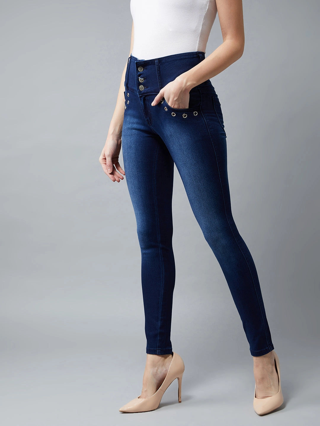 Core Layer Everyday Wear Women's Navy Blue Skinny-Fit High-Rise Regular Length Stretchable Denim Pants