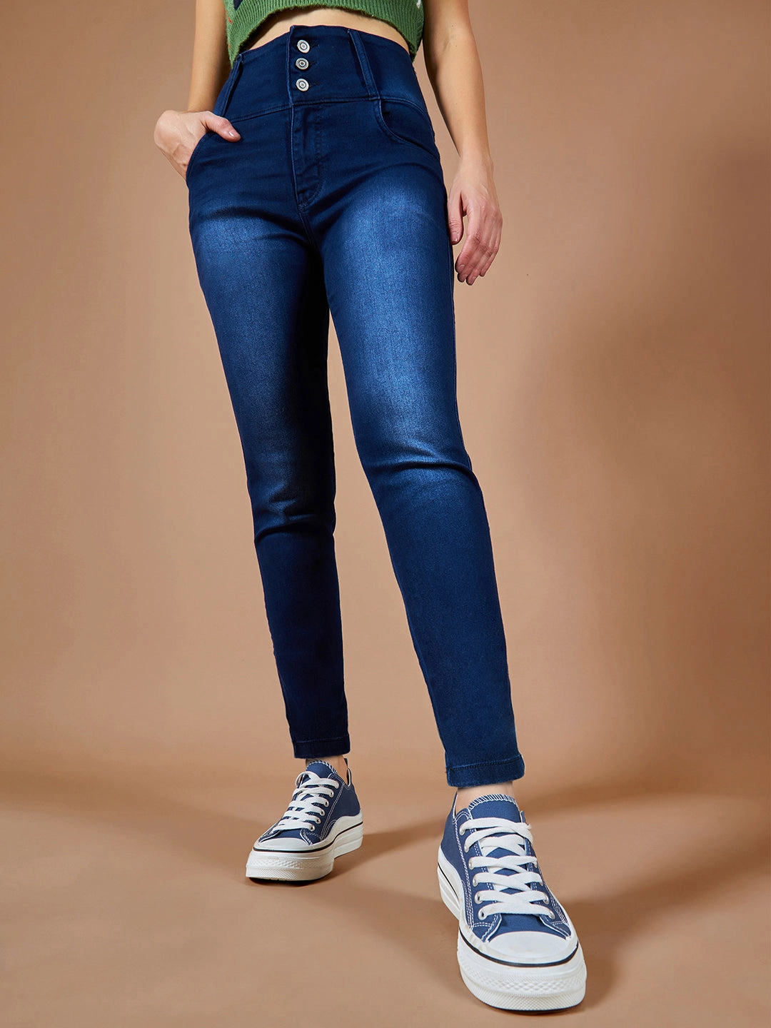 Women's Navy-Blue Skinny-Fit High-Rise Stretchable High-Rise Denim Jeans Urban Explorer Picnic Style Yearlong Fit