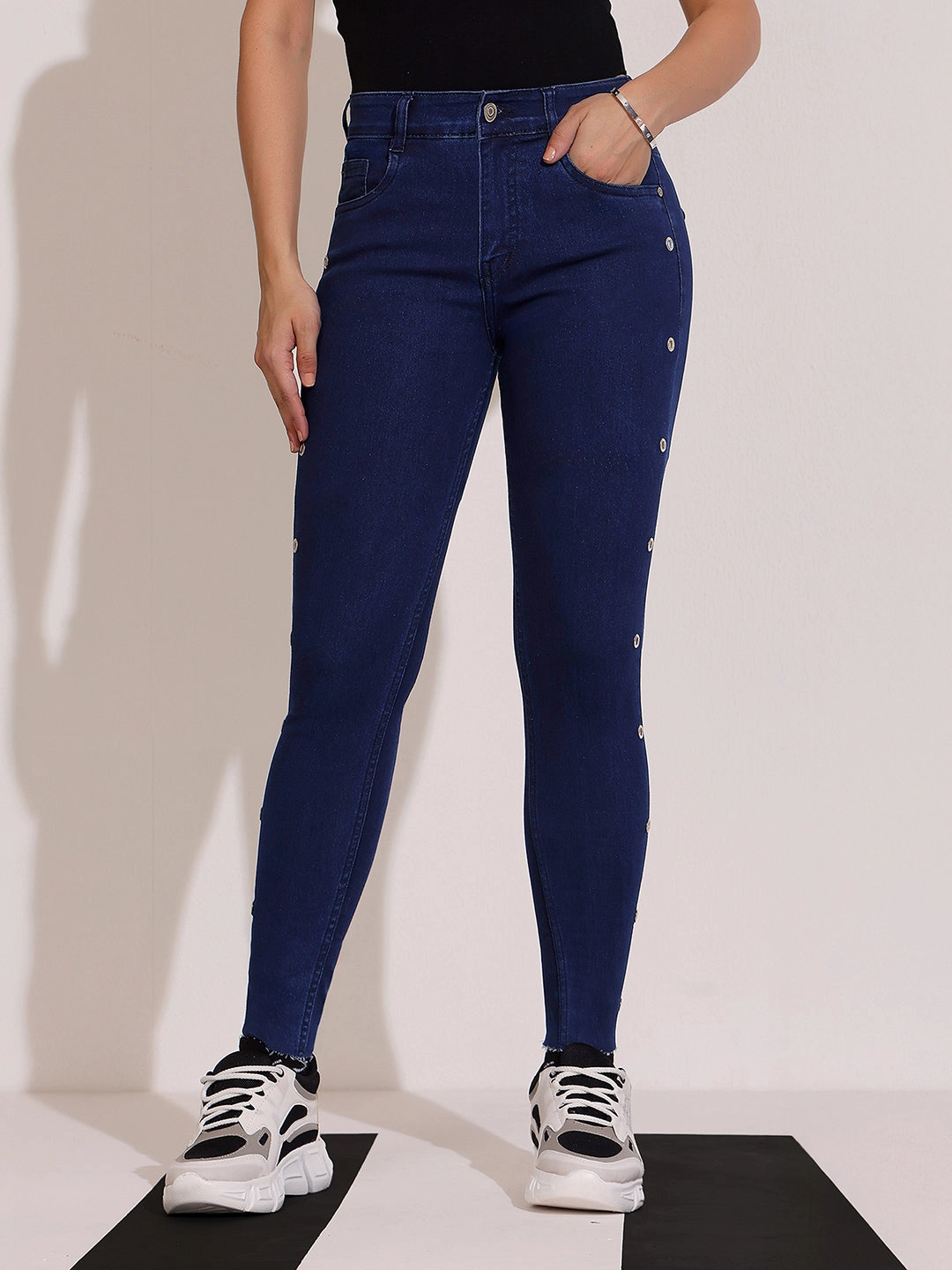 Comfy Home Comfort Weekend Getaway Moisture Wicking Lining Women's Navy Blue Skinny Fit Mid Rise Cropped Length Eyelet Detailing Denim Stretchable Jeans