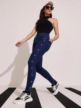 Women's Navy Blue Skinny Fit Mid Rise Cropped Length Eyelet Detailing Denim Stretchable Jeans No Gap Waist Engineering Teen Outfit Outdoor Adventure Sunny Vibes