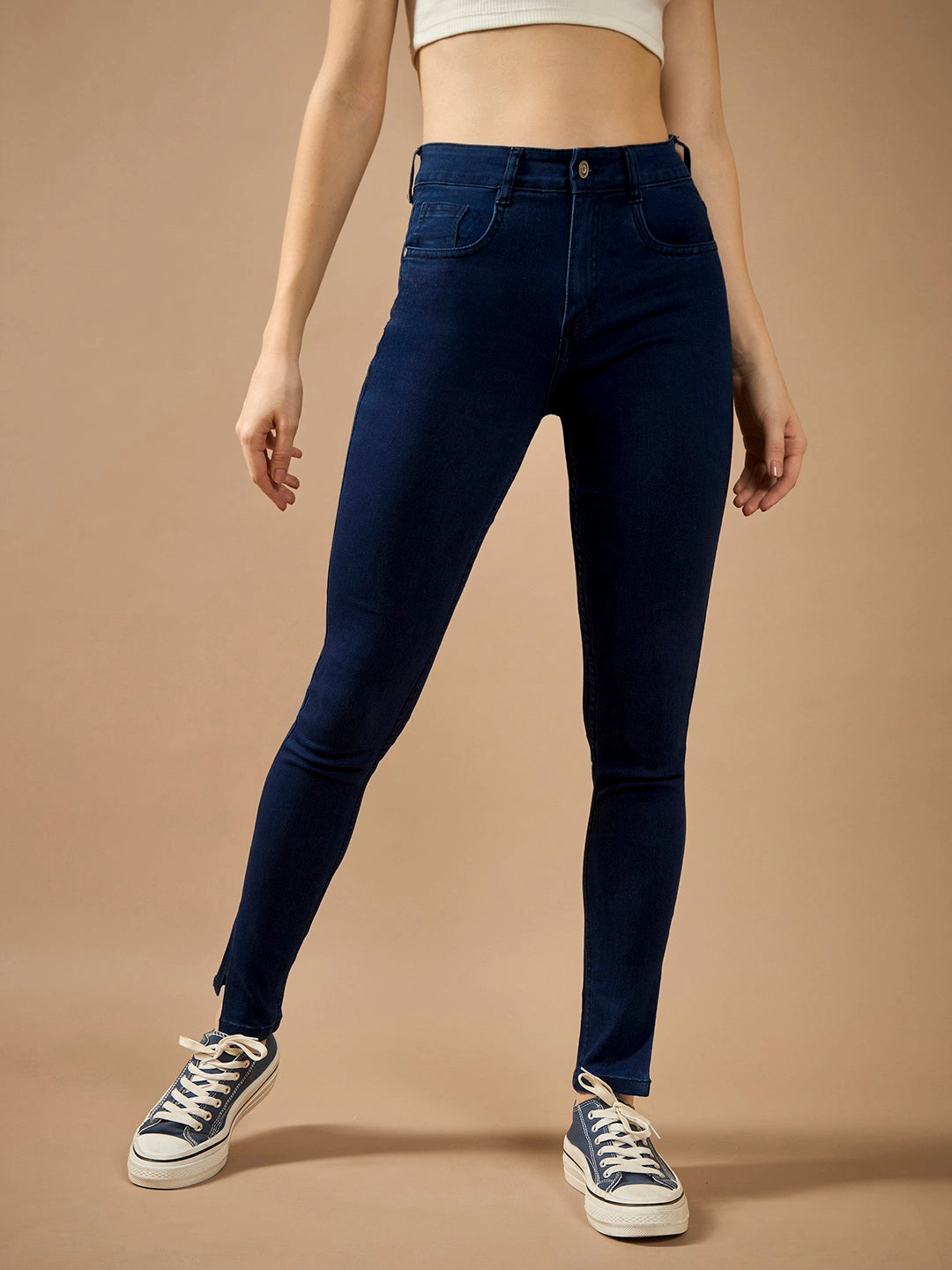 Style Essential Vibrant Fashion Lover Women's Navy Blue Skinny-Fit Mid-Rise Cropped-Length Side-Slit Denim Stretchable Jeans