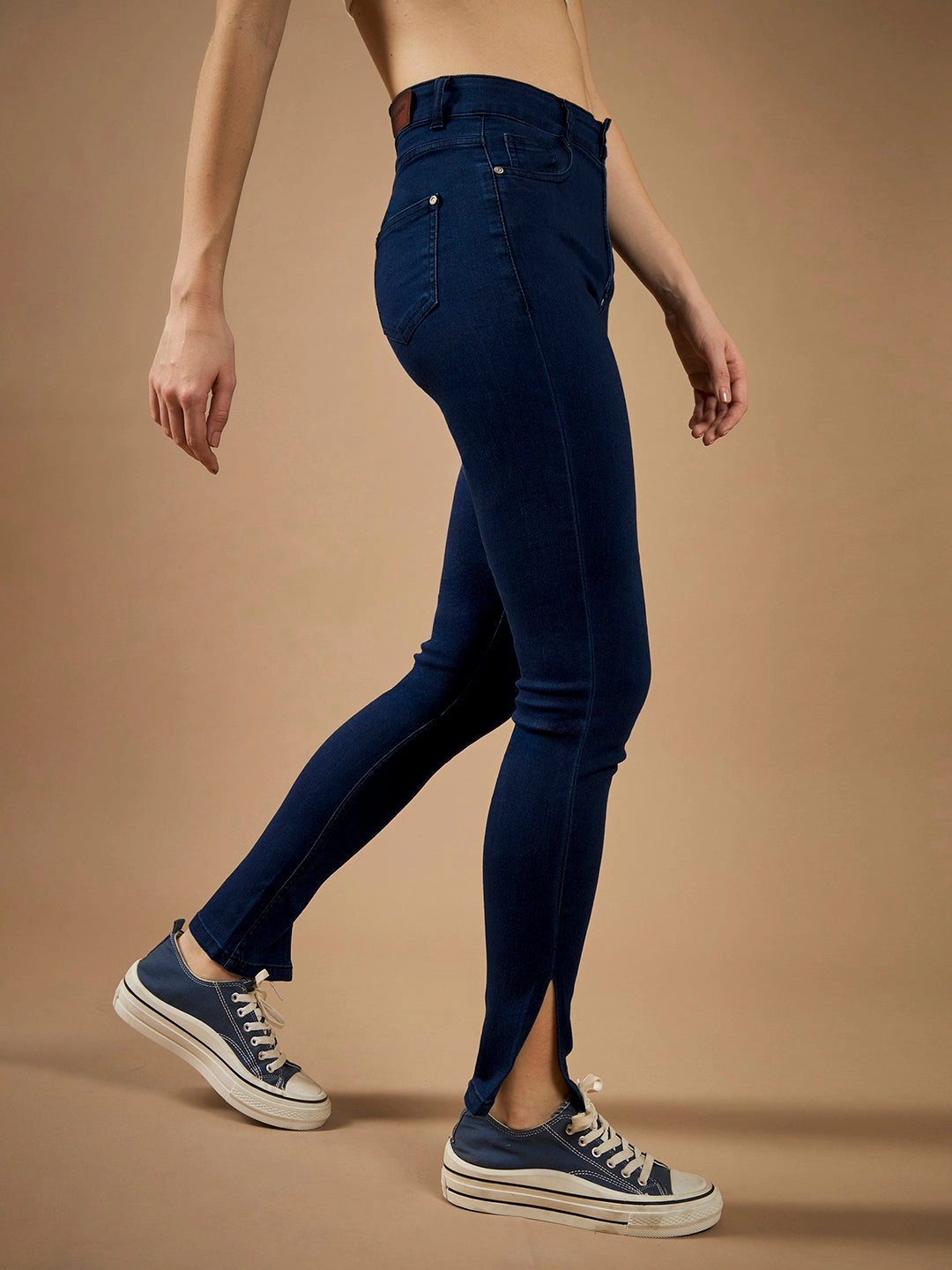 Work Ready Neutral Women's Navy Blue Skinny-Fit Mid-Rise Cropped-Length Side-Slit Denim Stretchable Jeans