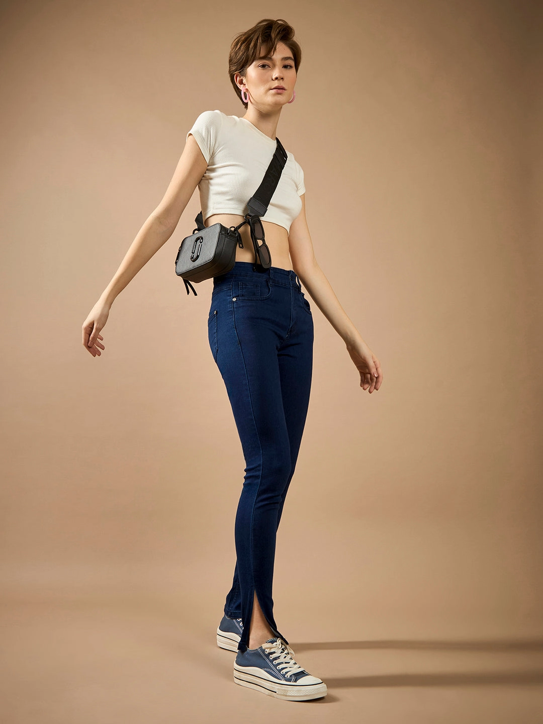 Festival Outfit Affordable Sunny Vibes Comfy Design Women's Navy Blue Skinny-Fit Mid-Rise Cropped-Length Side-Slit Denim Stretchable Jeans