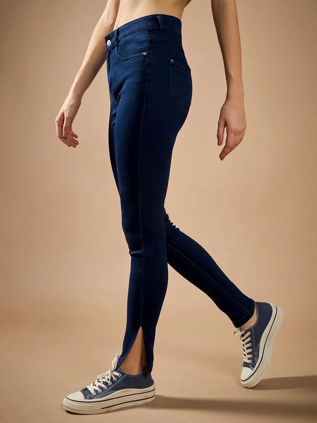 Women's Navy Blue Skinny-Fit Mid-Rise Cropped-Length Side-Slit Denim Stretchable Jeans Couple Look Athlete Fit Festival Outfit Eco Friendly Lightweight Modern