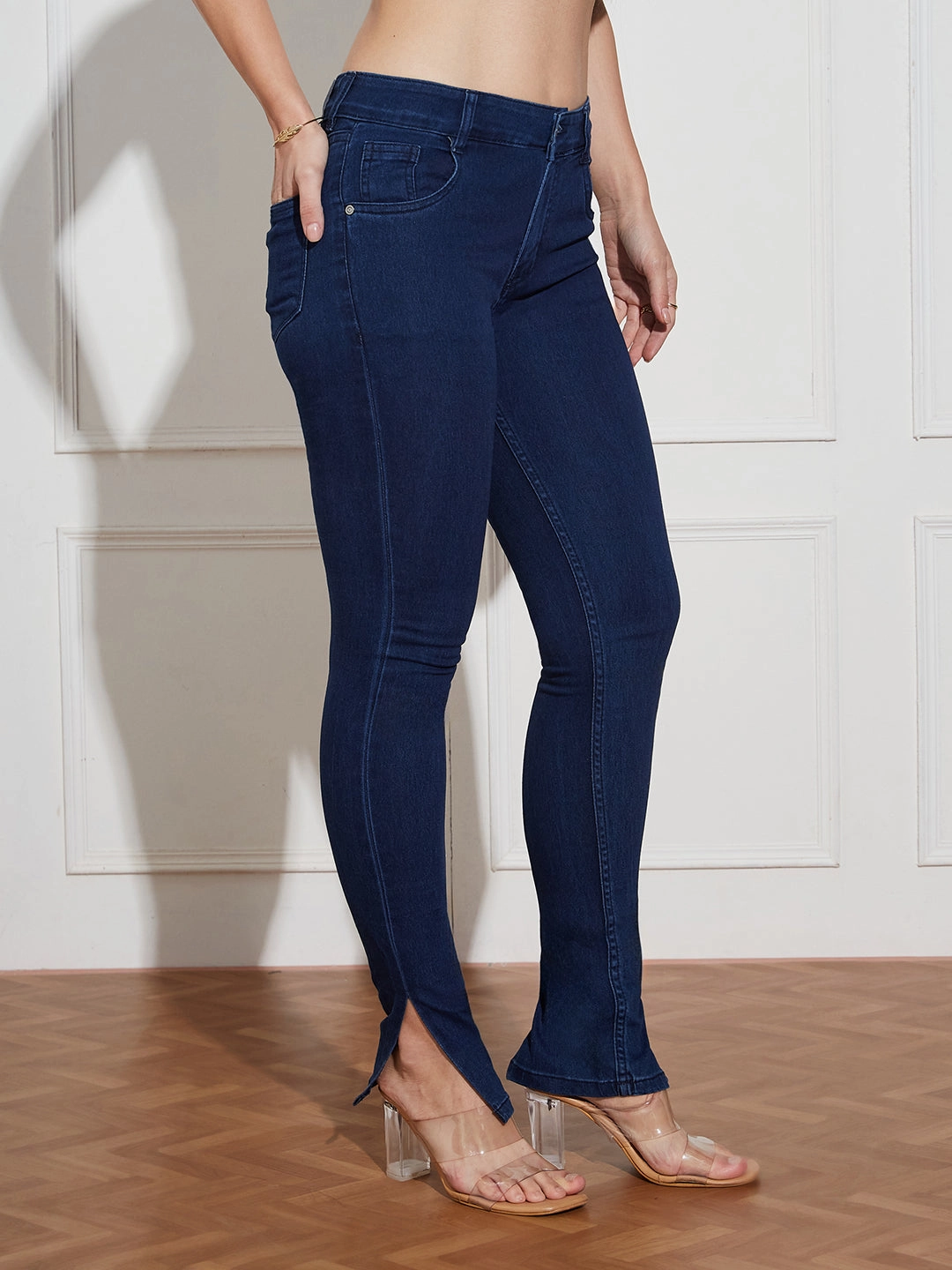 No Fuss Style Women's Navy Blue Skinny Fit Mid Rise Cropped Length Side Slit Denim Stretchable Jeans