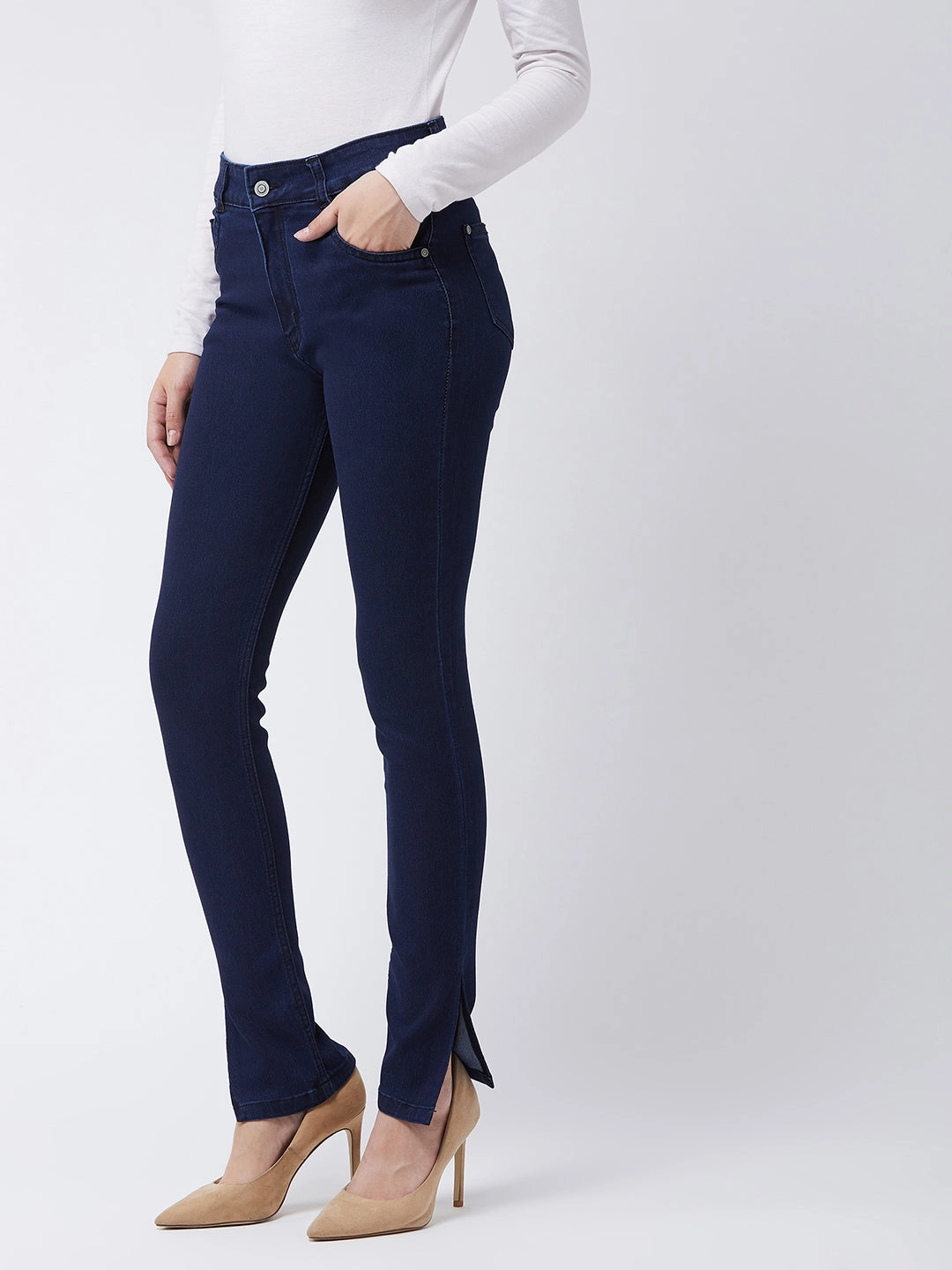 Women's Navy-Blue Skinny-Fit Mid-Rise Cropped-Length Side-Slit Stretchable Denim Jeans Artist Vibe Work Meeting Casual Breathable Brunch Outfit