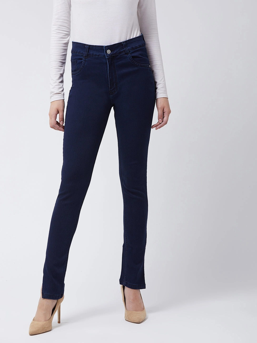 Women's Navy-Blue Skinny-Fit Mid-Rise Cropped-Length Side-Slit Stretchable Denim Jeans Outfit Plan