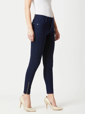 Basic Layers Shopping Day Street Fashion Textured Women's Navy-Blue Skinny-Fit Mid-Rise Cropped-Length Zipper Detailing Stretchable Denim Jeans