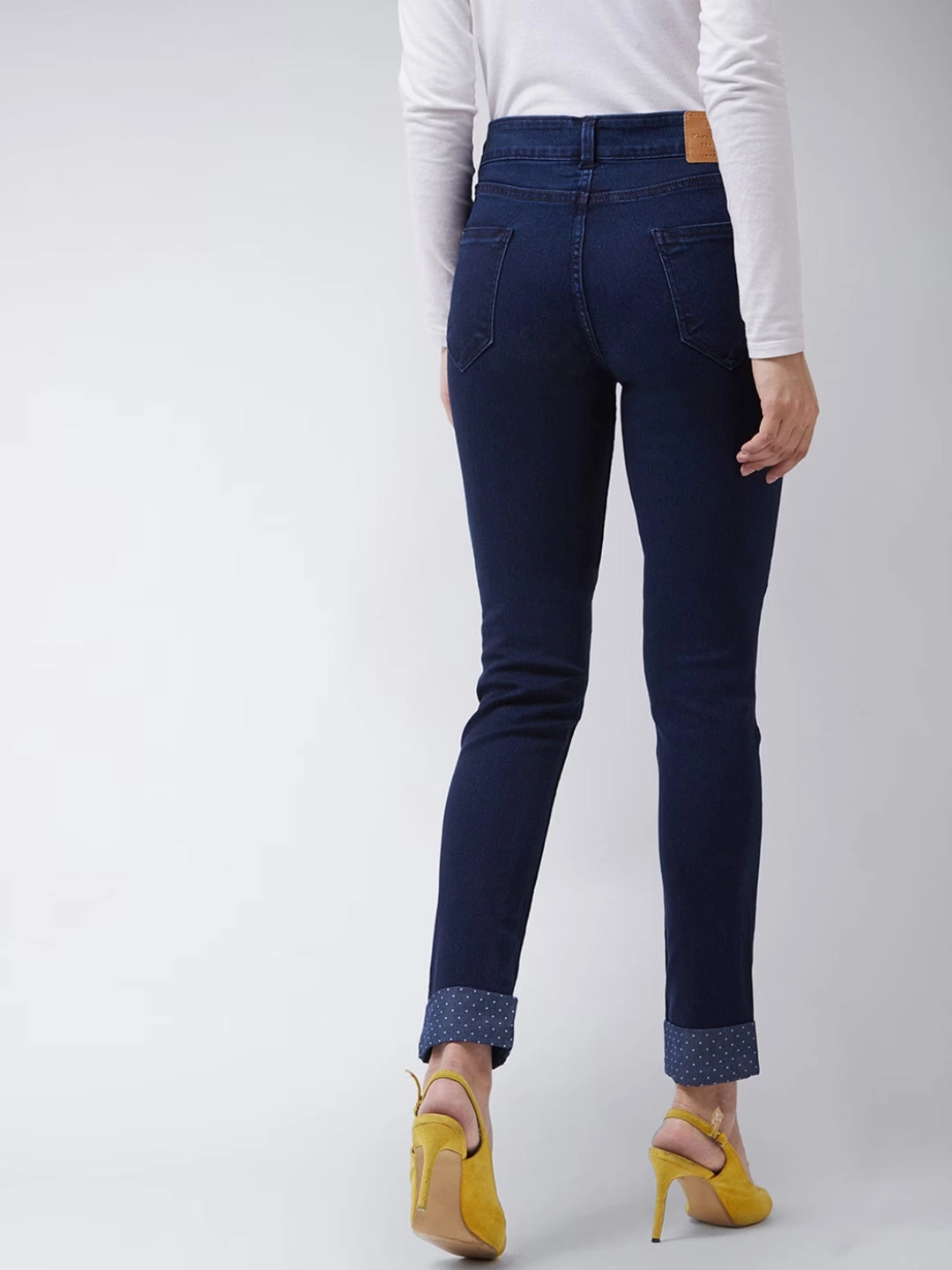 Women's Navy-Blue Skinny-Fit Mid-Rise Cropped Printed Turner Detailing Length Stretchable Denim Jeans Smart Design High Quality Holiday Vibes Winter Warmth