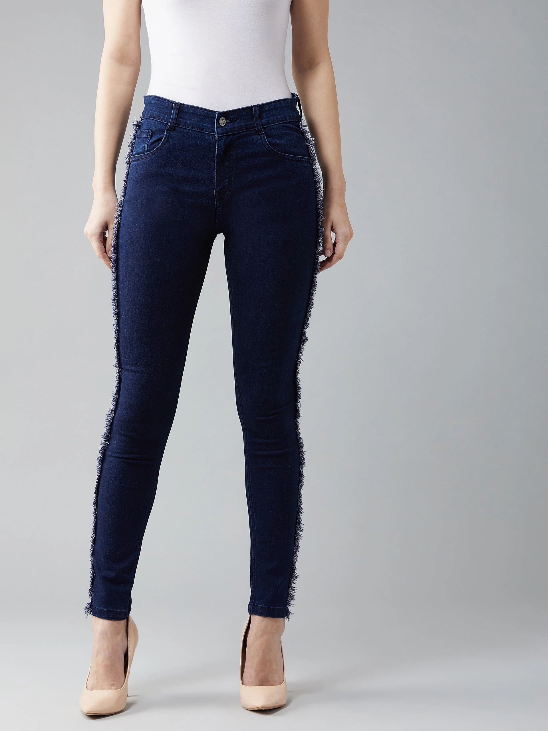 Women's Navy-Blue Skinny-Fit Mid-Rise Fringe And Lace Detailing Stretchable Denim Jeans Always Ready Work Meeting Beach Day