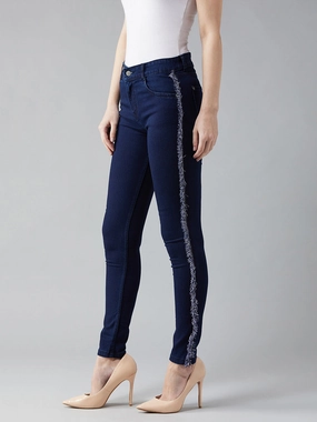 Women's Navy-Blue Skinny-Fit Mid-Rise Fringe And Lace Detailing Stretchable Denim Jeans Relaxed Style Outdoor Enthusiast Evening Stroll