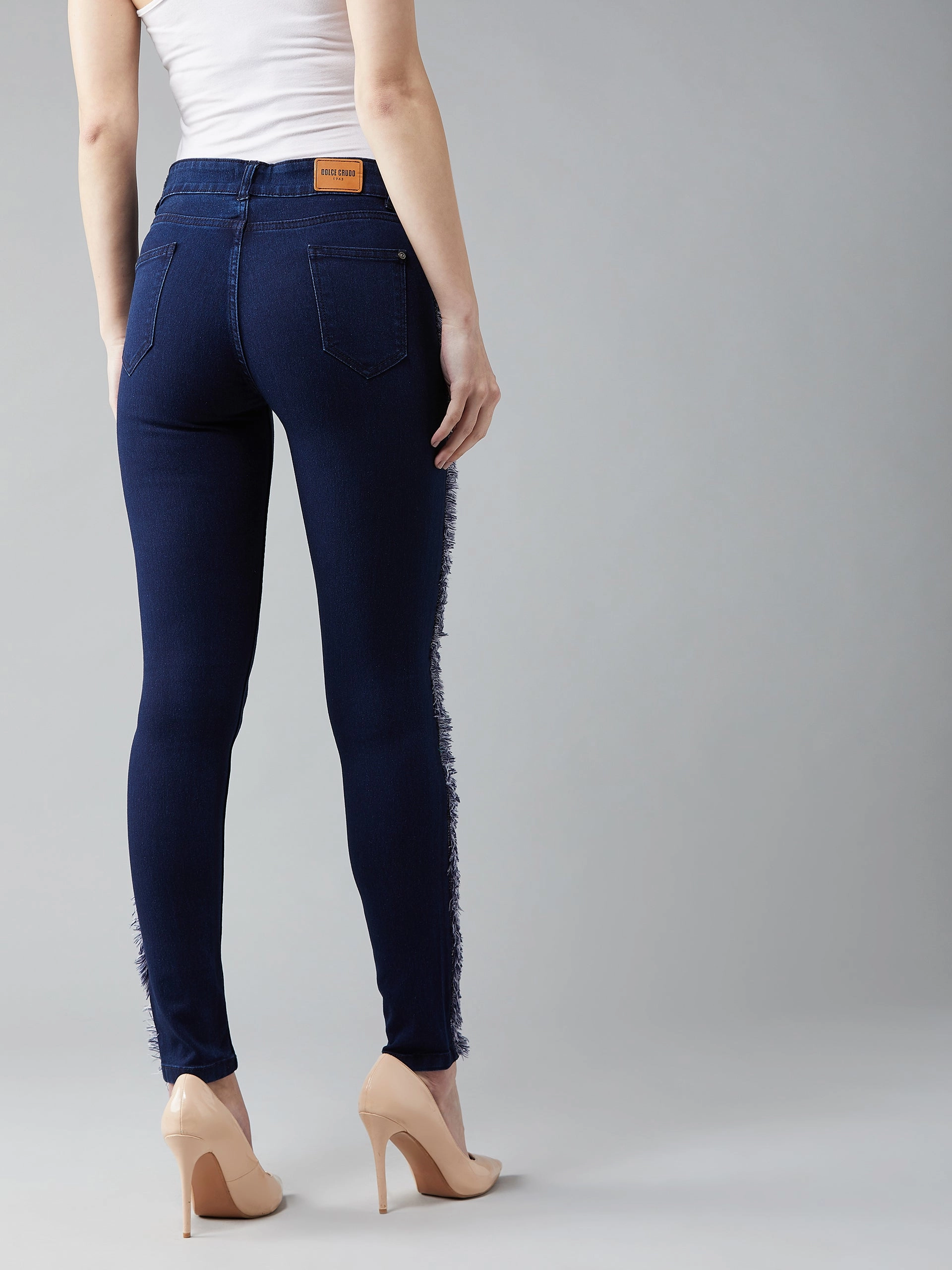 Smooth Feel Women's Navy-Blue Skinny-Fit Mid-Rise Fringe And Lace Detailing Stretchable Denim Jeans