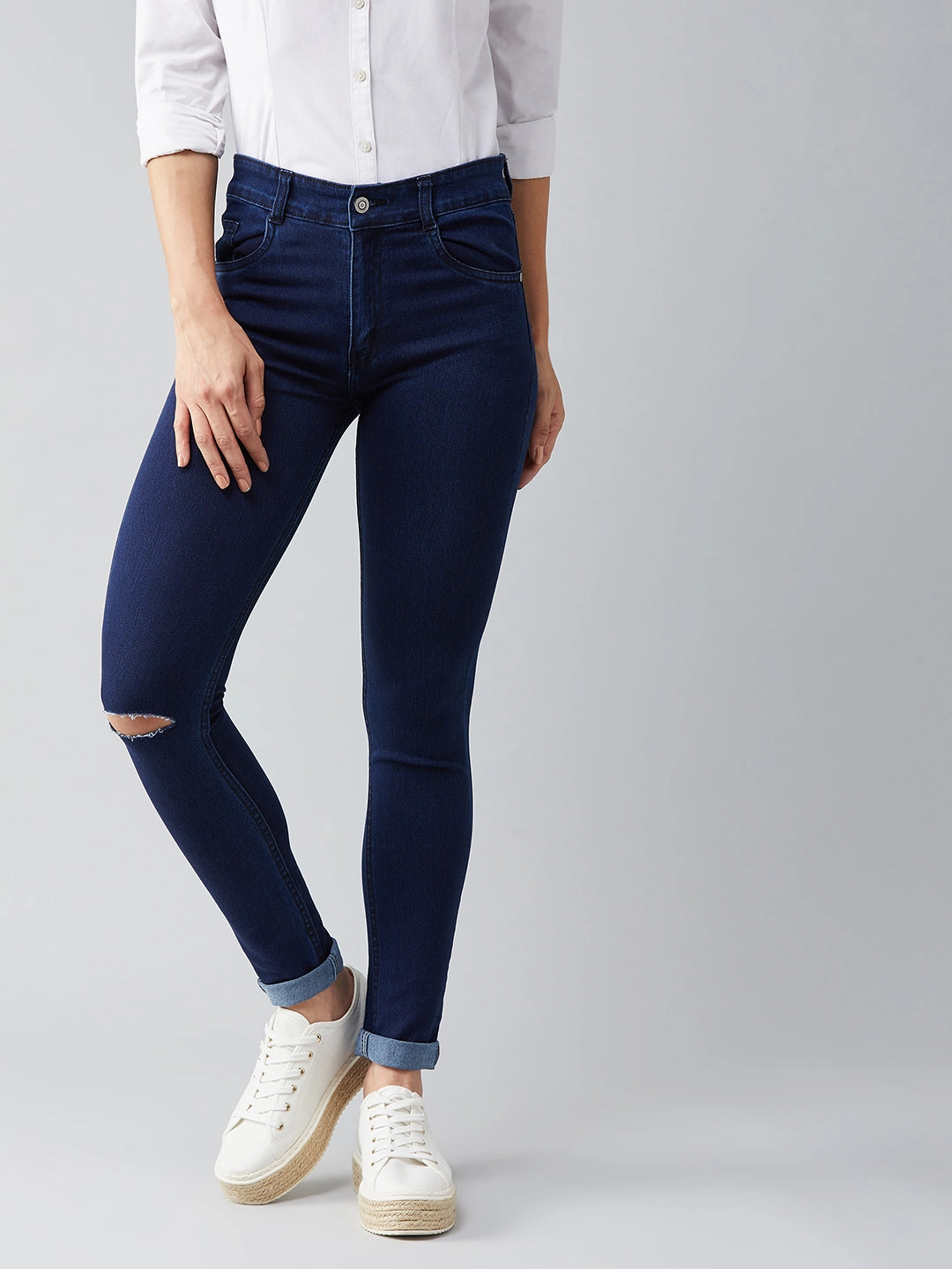 Women's Navy-Blue Skinny-Fit Mid-Rise Knee-Slit Stretchable Denim Jeans Day Off Fit Chill Mode