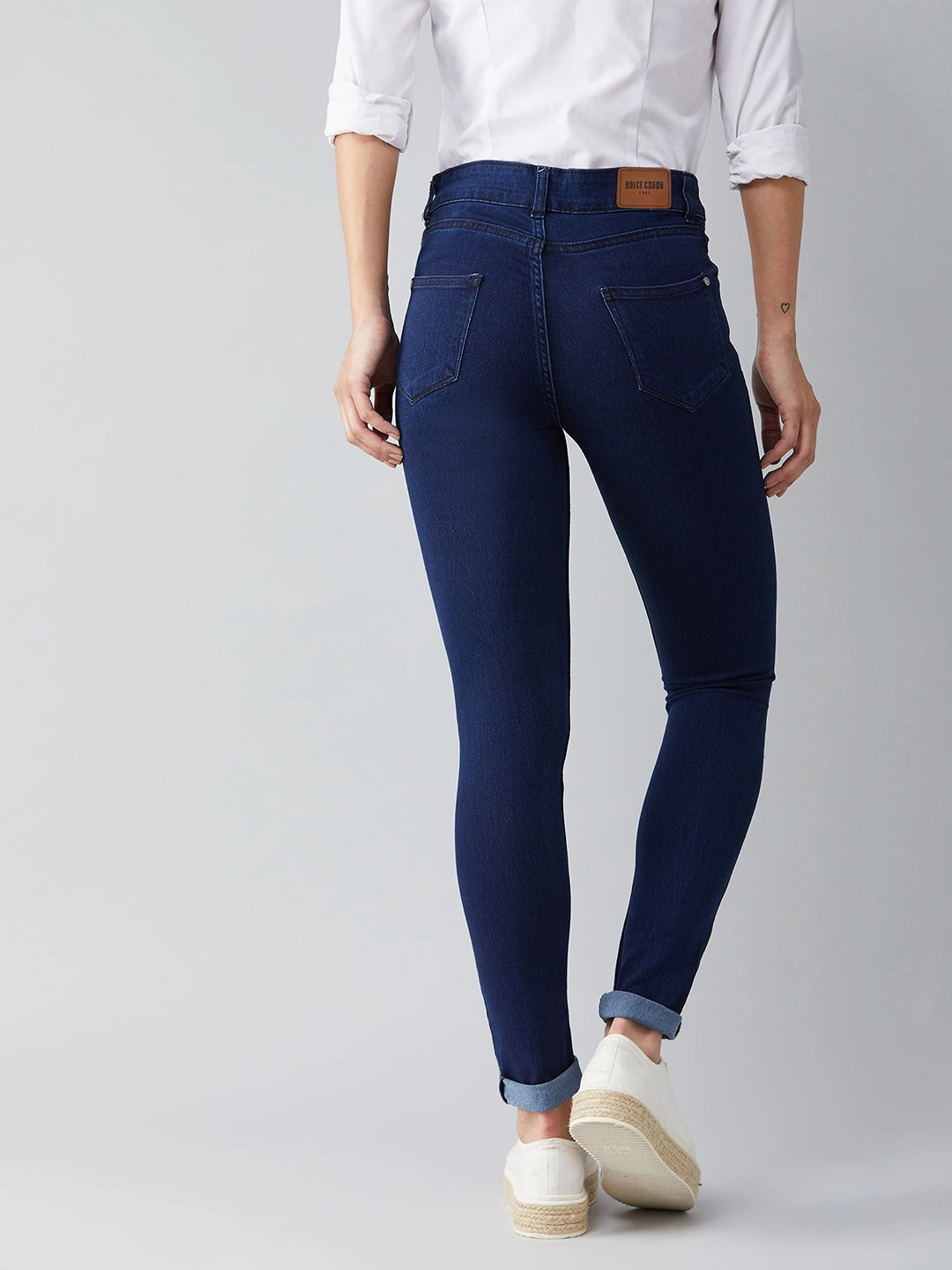 Women's Navy-Blue Skinny-Fit Mid-Rise Knee-Slit Stretchable Denim Jeans Always Appropriate Work Meeting Trendy Modern Minimalist