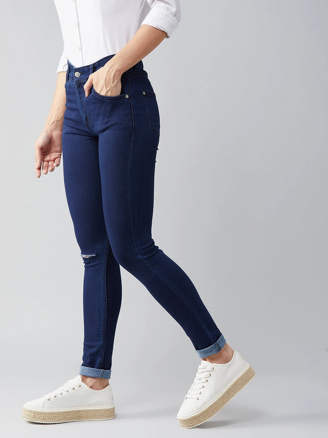 Style Daily Women's Navy-Blue Skinny-Fit Mid-Rise Knee-Slit Stretchable Denim Jeans