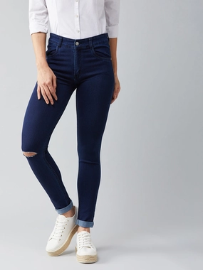 Women's Navy-Blue Skinny-Fit Mid-Rise Knee-Slit Stretchable Denim Jeans Day Off Fit Chill Mode