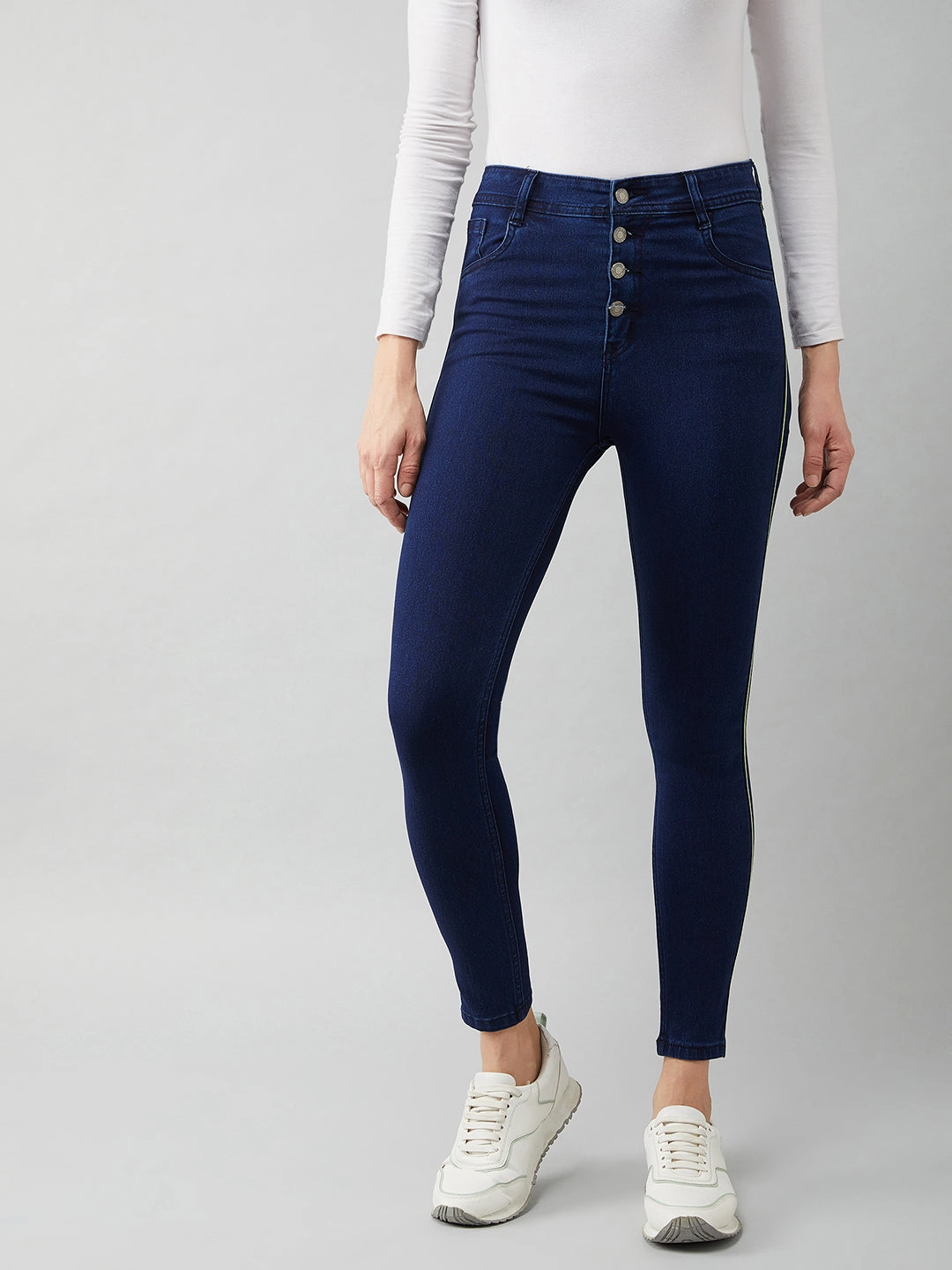 Adjustable Belt Loops Women's Navy-Blue Skinny-Fit Relaxed High-Rise Stretchable Denim Jeans