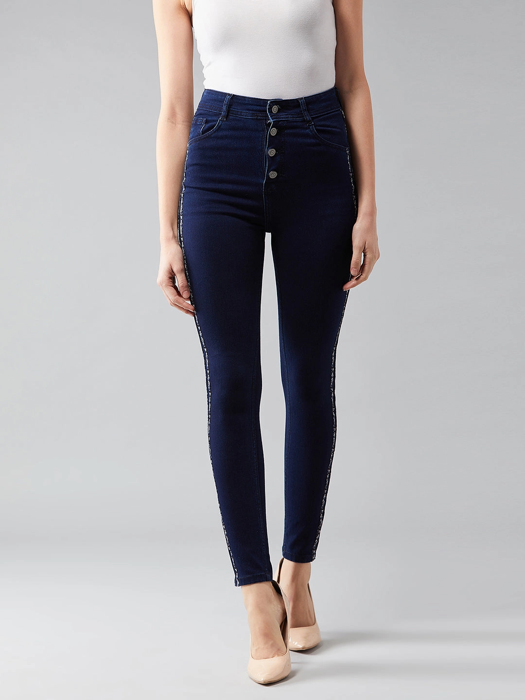 Affordable Autumn Days Breathable Sleek Comfort Women's Navy-Blue Skinny High-Rise Clean-Look Cropped Denim Jeans
