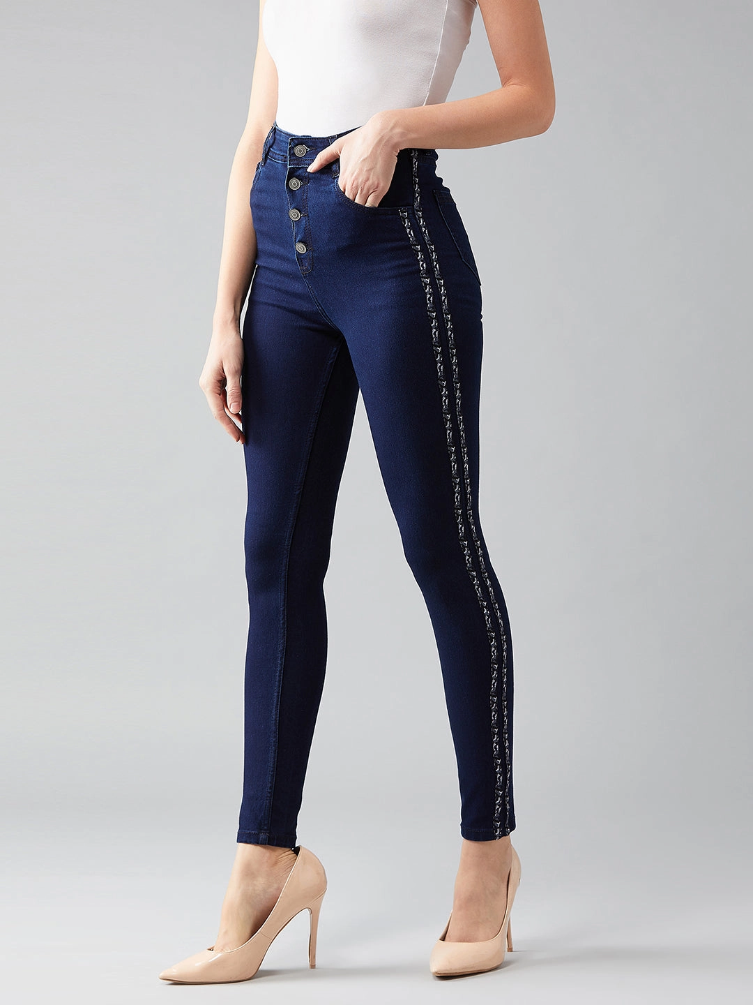 Women's Navy-Blue Skinny High-Rise Clean-Look Cropped Denim Jeans Daily Musthave