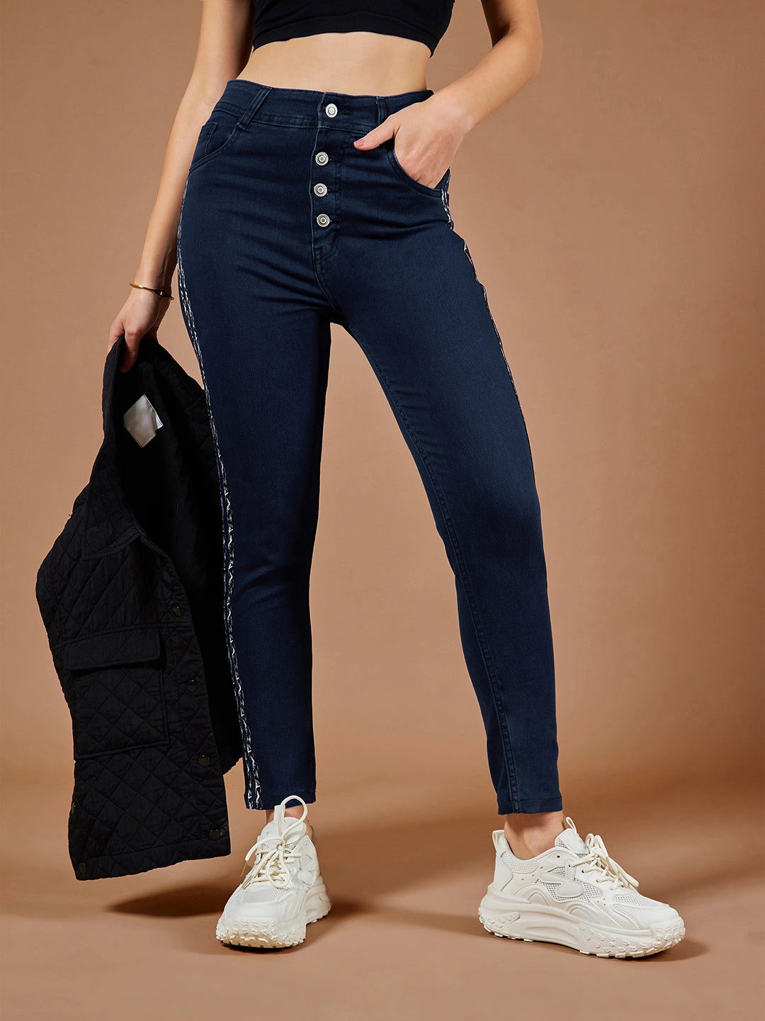 Women's Navy-Blue Skinny High-Rise Cropped Denim Jeans Artist Vibe Work Meeting Casual