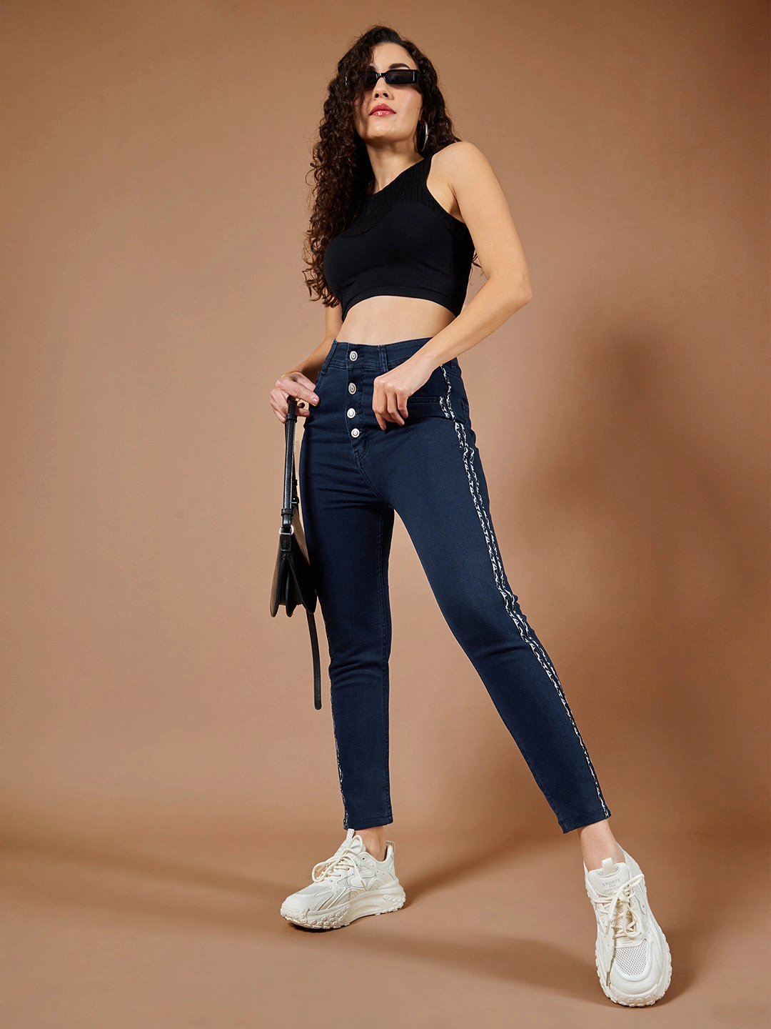 Women's Navy-Blue Skinny High-Rise Cropped Denim Jeans Softened Denim Material